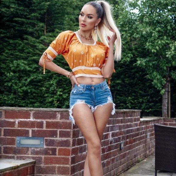 Orange Daisy Floral Print Lace Trim Short Sleeve Crop Top - Picture 6 of 10